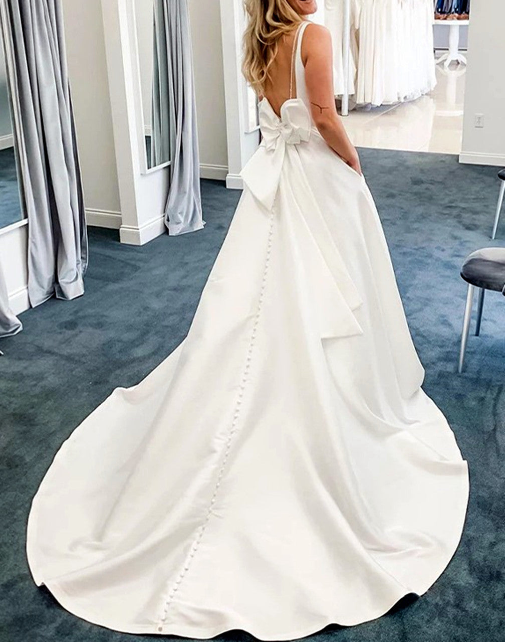 Women A-Line Satin Wedding Dresses Sleeveless V-Neck Bridal Gowns YWD232