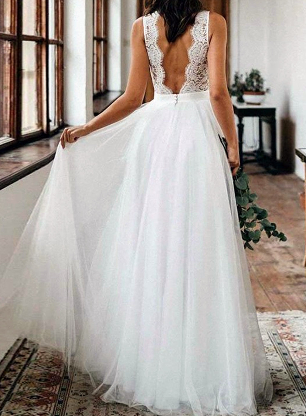 Women A-Line Lace Wedding Dresses Sleeveless V-Neck Bridal Gowns YWD225