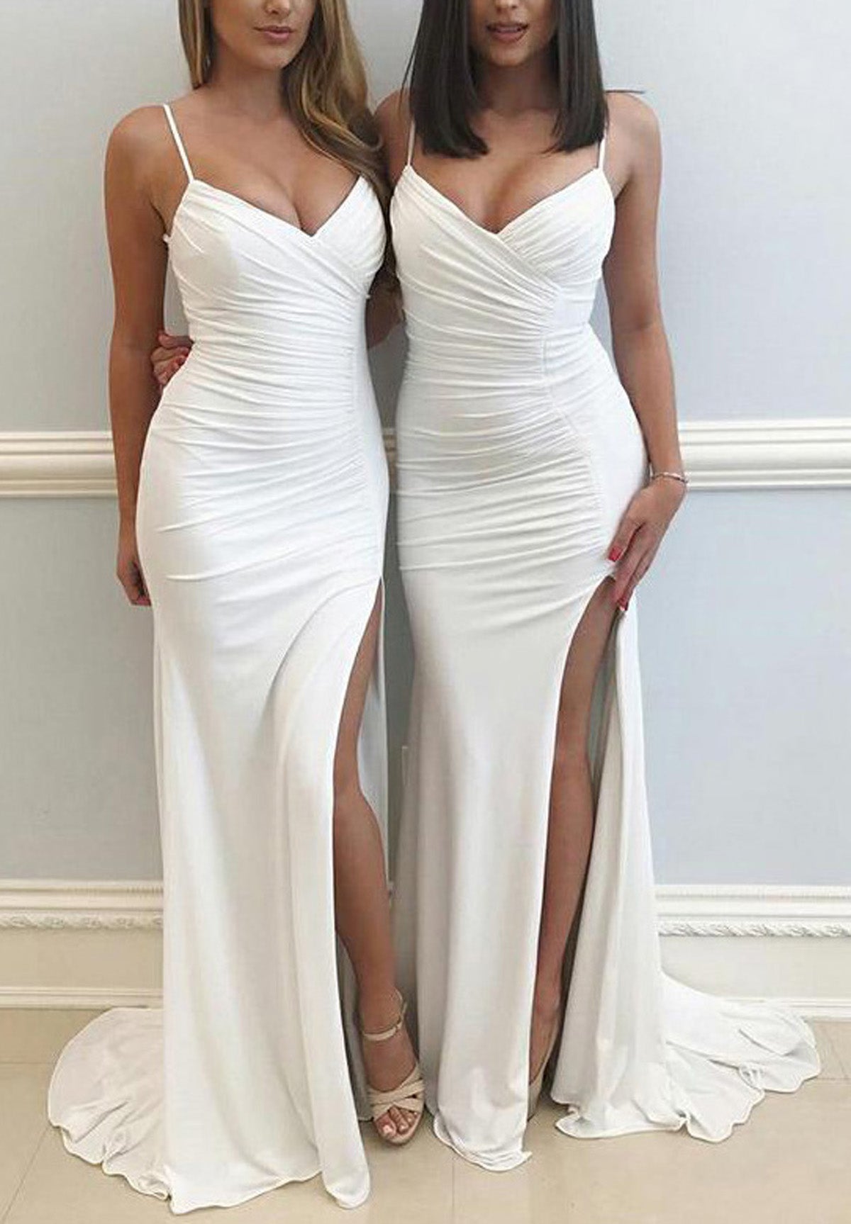 Women White Bridesmaid Dress Long Side Slit Prom Gowns Spaghetti Straps Wedding Party Dress YBD004