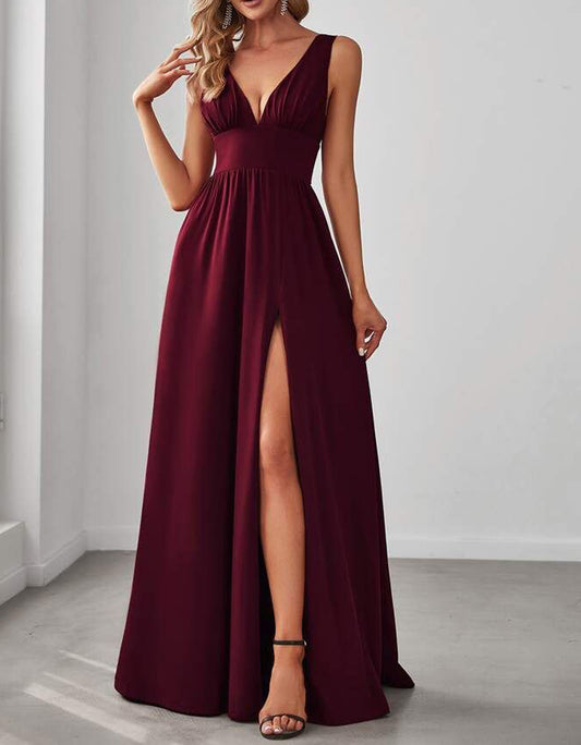 Women Slit Chiffon Bridesmaid Dresses Long V-Neck Wedding Party Gowns YBD053