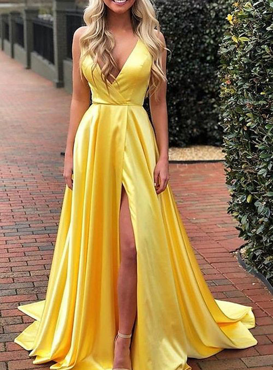 Women Slit Satin Formal Prom Dresses Long Sleeveless V-Neck Evening Party Gowns YPD980