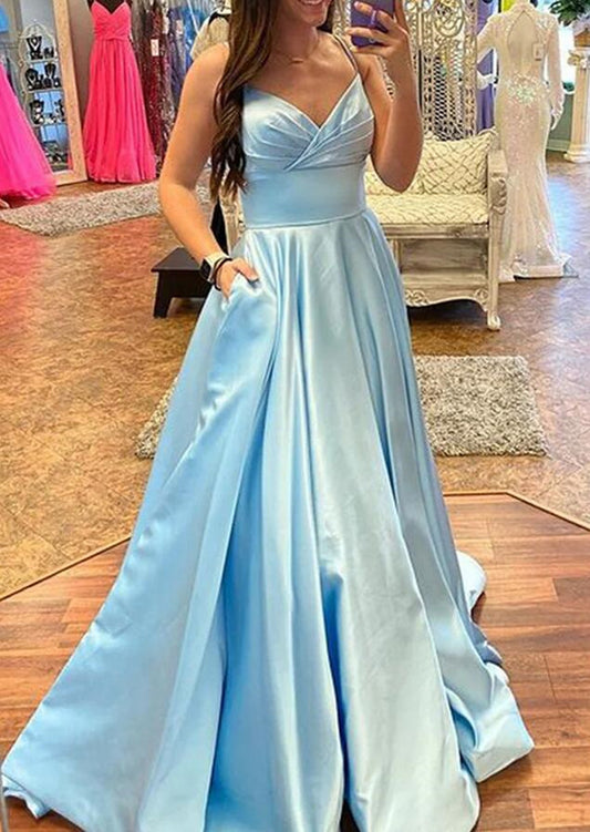 Women Blue Satin Prom Dresses Long A-Line Evening Gowns Formal Party Dress YPD372