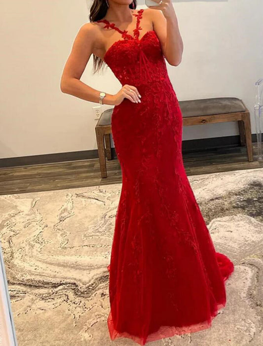 Women Red Appliques Prom Dresses Long Mermaid Evening Gowns Formal Party Dress YPD384