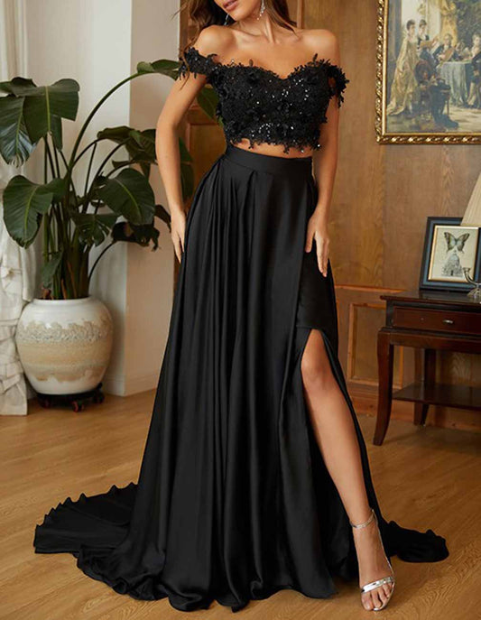 Women A-Line Appliques Prom Dresses Long Slit Evening Gowns Formal Party Dress YPD577