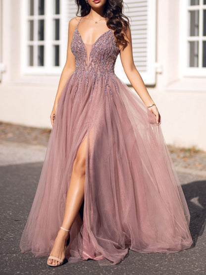 Women V-Neck Beadings Prom Dresses Long Side Slit Evening Gowns Spaghetti Straps Formal Party Dress YPD871