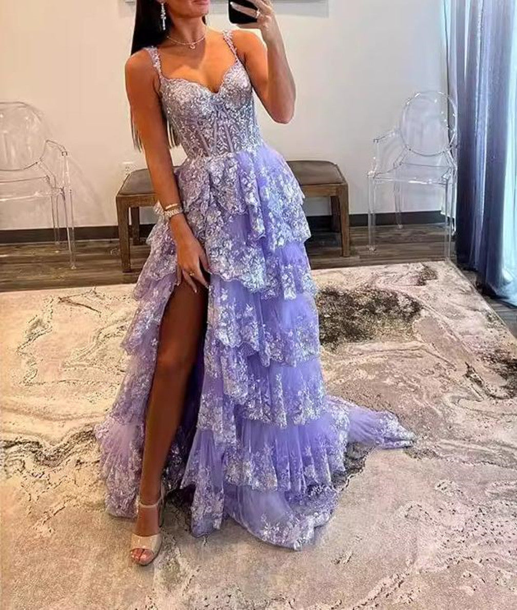 Women Off the Shoulder Lace Prom Dress Long Appliques Evening Gowns Layered Lace Formal Party Dress YPD863