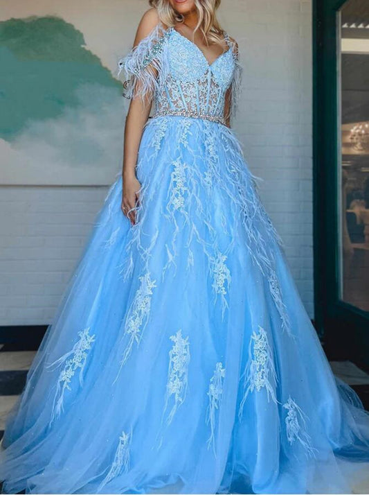 Women Blue Appliques Prom Dresses Long Off Shoulder Evening Gowns Formal Party Dress YPD381
