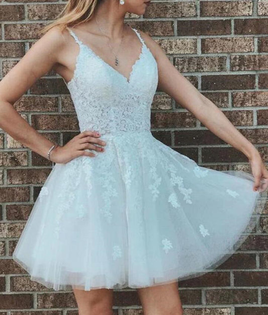 Women Lace Appliques Prom Dresses Short Cocktail Gowns Girls V-Neck Homecoming Dresses Short Graduation Dress YHD252