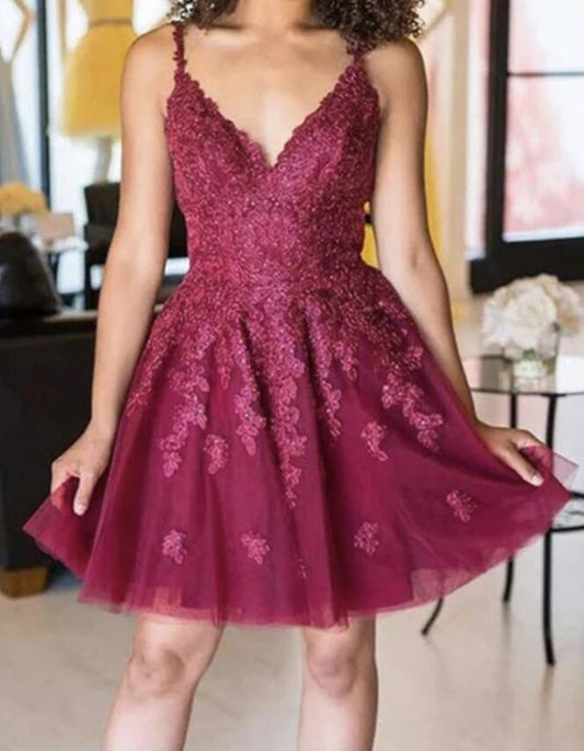 Women Lace Appliques Prom Dresses Short Cocktail Gowns Girls V-Neck Homecoming Dresses Short Graduation Dress YHD251