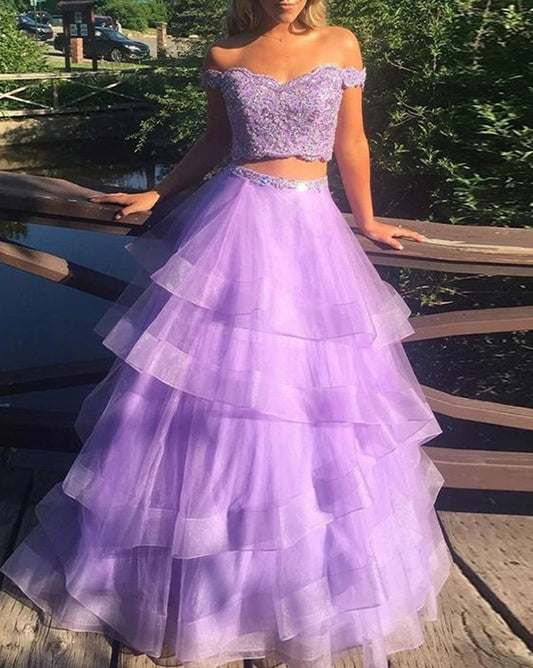 Women Two Pieces Lace Prom Dresses Long Appliques Evening Gowns Layered Formal Party Dress YPD876