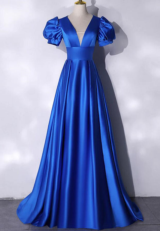 Women Satin Royal Blue Prom Dresses Long V-Neck Evening Gowns Formal Party Dress YPD349