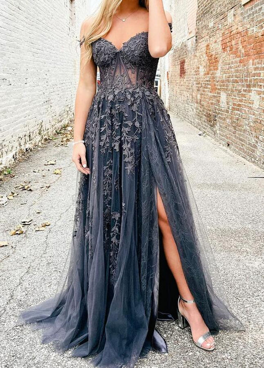 Women Black Appliques Prom Dresses Long Off Shoulder Evening Gowns Formal Party Dress YPD355