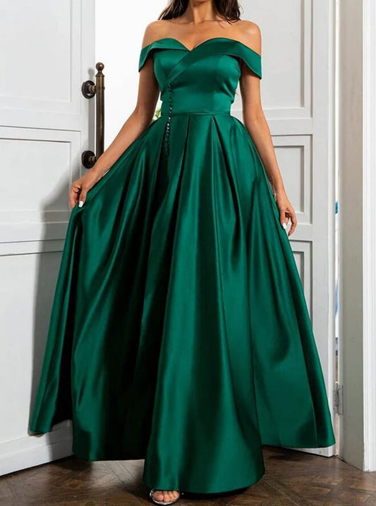 Women Off Shoulder Satin Prom Dresses Long Green A-Line Evening Gowns Formal Party Dress YPD406