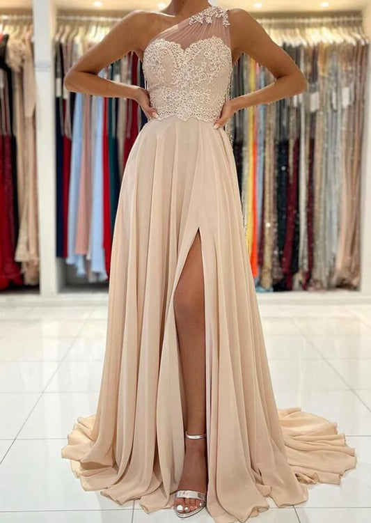 Women Chiffon Lace Prom Dresses Long Side Slit Evening Gowns Formal Party Dress YPD353