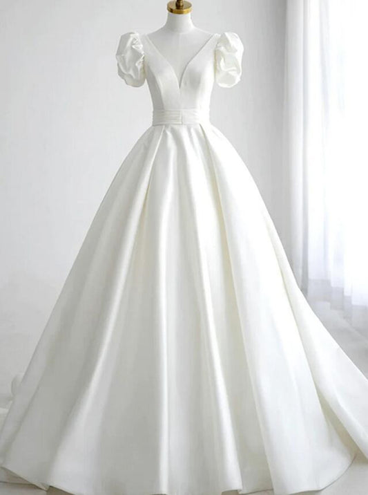 Women V-Neck A-Line Wedding Dresses Long Satin Bridal Gowns YWD073