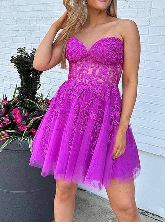 Women Fuchsia Prom Dresses Short Cocktail Gowns Girls Appliques Homecoming Dresses Short Graduation Dress YHD292