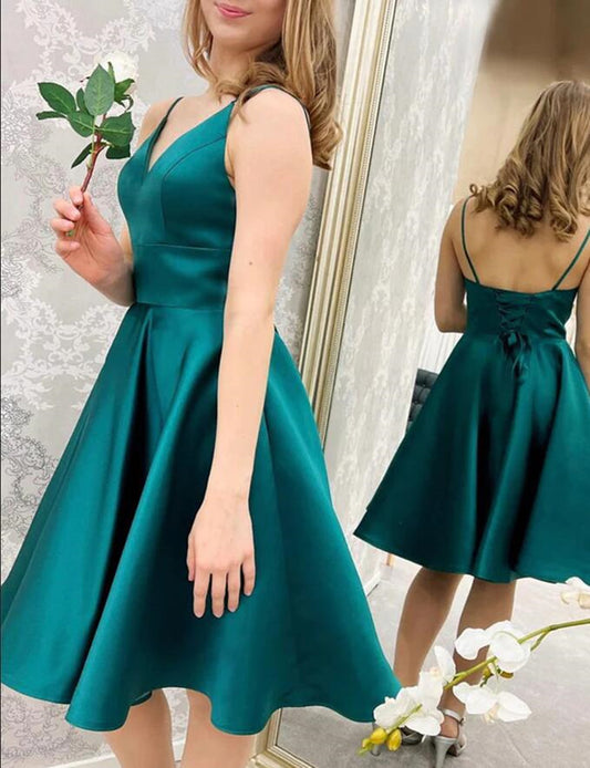 Women Simple Satin Prom Dresses Short Cocktail Gowns Girls V-Neck Homecoming Dresses Short Graduation Dress YHD298