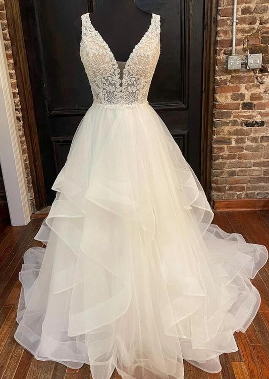 Women V-Neck Tulle Wedding Dresses Long Appliques Bridal Gowns YWD076