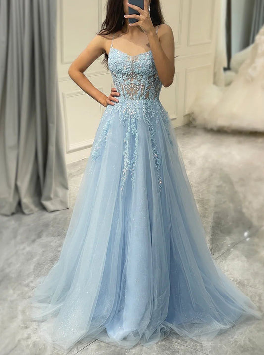 Women Lace Prom Dresses Long Appliques Evening Gowns Tulle Formal Party Dress YPD896