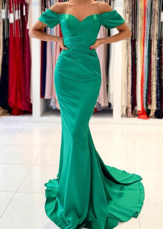 Women Mermaid Satin Prom Dresses Long Off Shoulder Evening Gowns Formal Party Dress YPD357