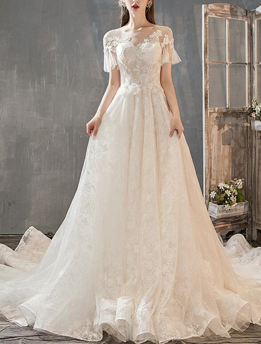 Women Lace Wedding Dresses A-Line Long Appliques Bridal Gowns YWD050