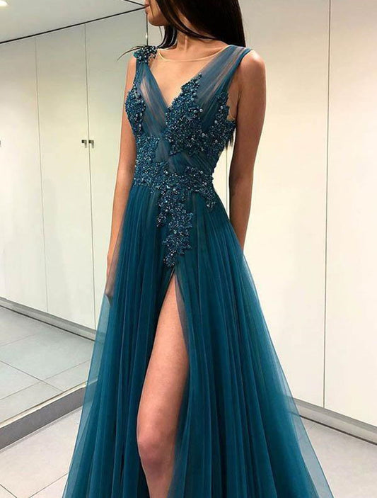 Women V-Neck Tulle Prom Dresses Long Beaded Appliques Evening Gowns Formal Party Dress YPD339