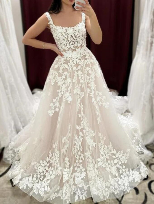 Women Lace Appliques Wedding Dresses Long A-Line Bridal Gowns YWD079