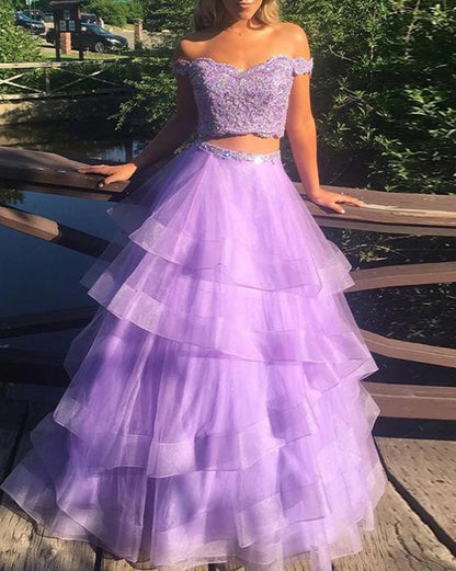 Women Two Pieces Lace Prom Dresses Long Appliques Evening Gowns Layered Formal Party Dress YPD876
