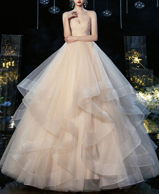 Women A-Line Tulle Wedding Dresses Long V-Neck Bridal Gowns YWD012