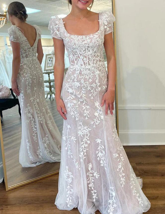 Women Tulle Appliques Prom Dresses Long Cap Sleeves Evening Gowns Formal Party Dress YPD371