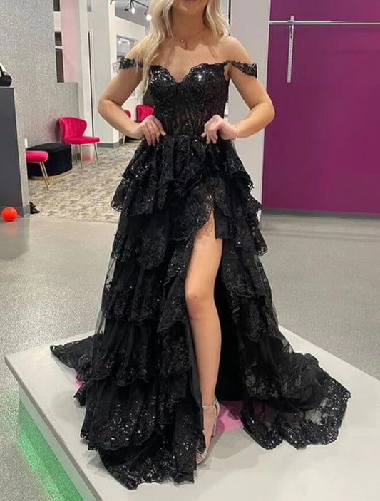 Women Black Appliques Prom Dresses Long High Side Slit Evening Gowns Formal Party Dress YPD388