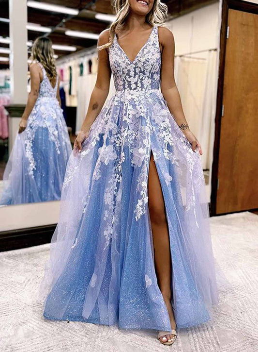Women A-Line Appliques Prom Dresses Long V-Neck Evening Gowns Formal Party Dress YPD579