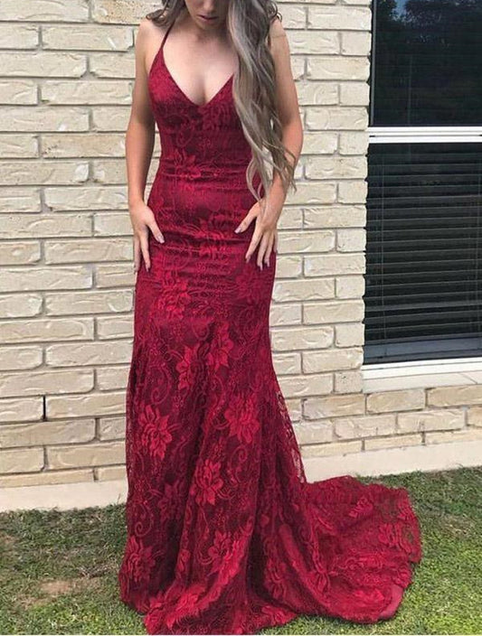 Women Buegundy Lace Prom Dresses Long Mermaid Evening Gowns Formal Party Dress YPD337