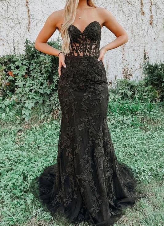 Women Black Appliques Prom Dresses Long Mermaid Evening Gowns Formal Party Dress YPD354