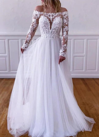 Women Lace Appliques Wedding Dresses Long Long Sleeves Bridal Gowns YWD093