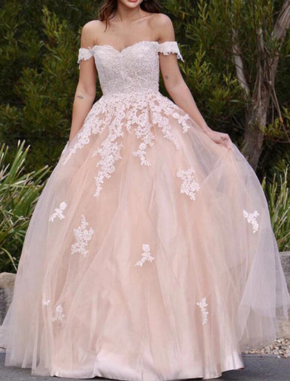 Women Lace Appliques Wedding Dresses Long Off Shoulder Bridal Gowns YWD084