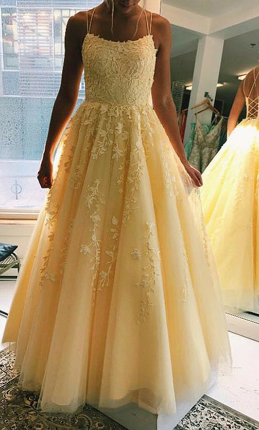 Women A-Line Lace Prom Dresses Long Appliques Evening Gowns Spaghetti Straps Formal Party Dress YPD872