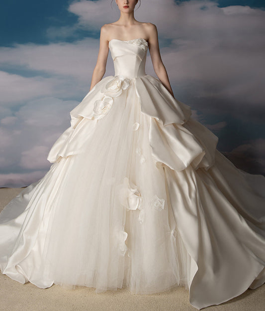 Women Satin and Tulle Wedding Dresses Long A-Line Bridal Gowns YWD069