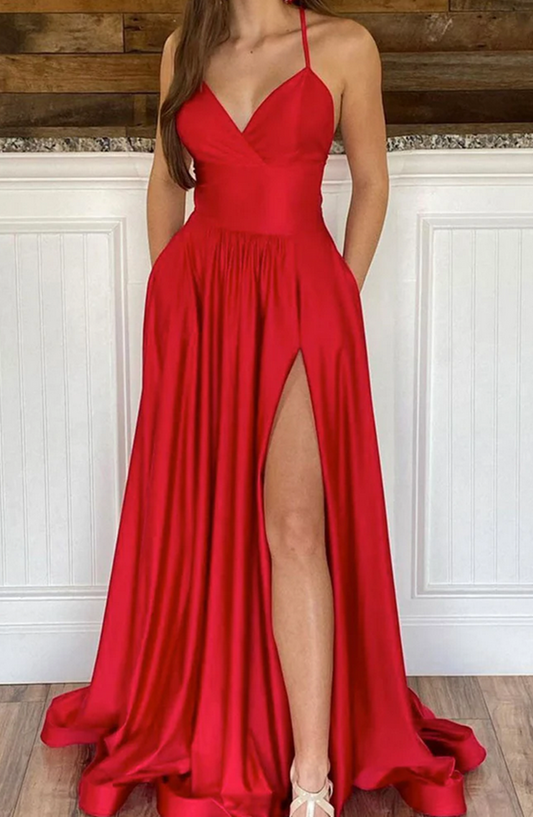Women V-Neck Prom Dresses Long Satin Evening Party Dress YPD075