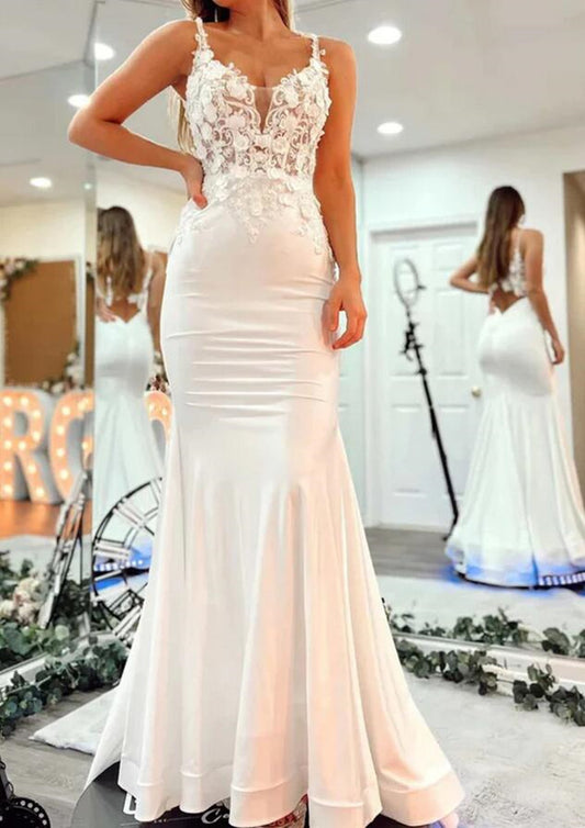 Women White Appliques Prom Dresses Long Mermaid Evening Gowns Formal Party Dress YPD387
