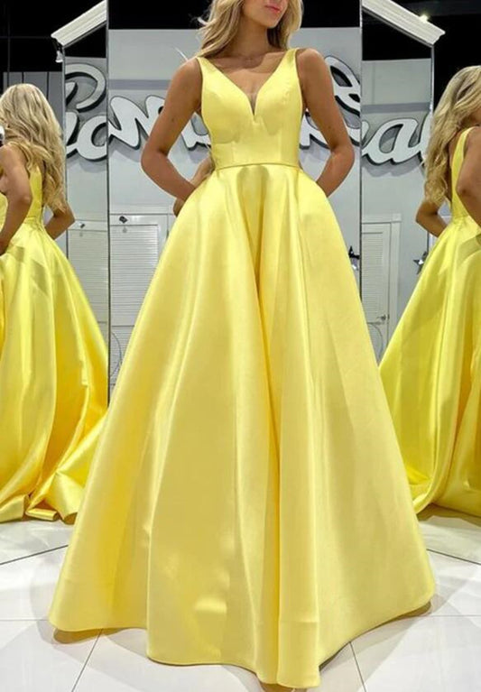 Women V-Neck Satin Prom Dresses Long A-Line Evening Gowns Formal Party Dress YPD380
