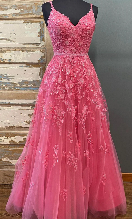 Women V-Neck Lace Prom Dresses Long Appliques Evening Party Dress YPD076