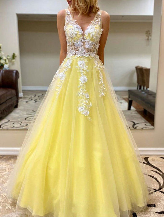 Women A-Line Lace Prom Dresses Long Appliques Evening Gowns V-Neck Formal Party Dress YPD873