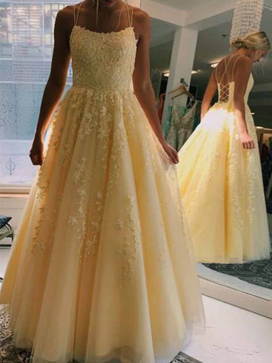 Women A-Line Appliques Prom Dresses Long Spaghetti Straps Evening Gowns Formal Party Dress YPD578