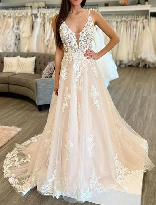 Women Champagne Appliques Wedding Dresses Long V-Neck A-line Bridal Gowns YWD110