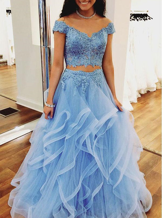 Women Blue 2 Pieces Prom Dresses Long Appliques Evening Gowns Formal Party Dress YPD336