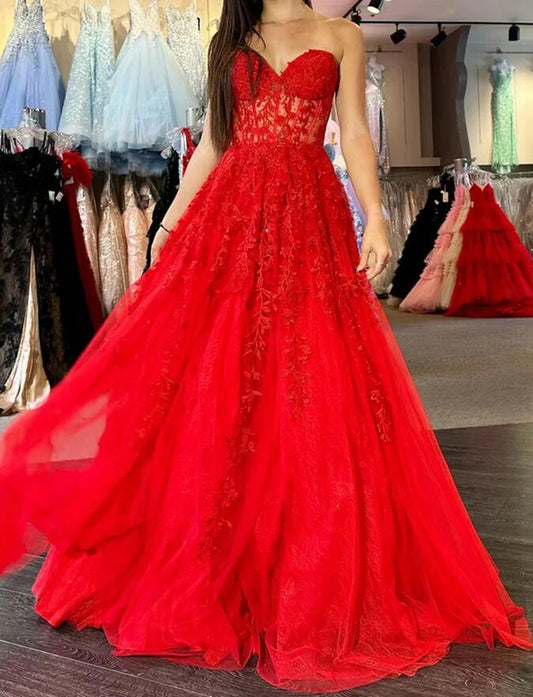 Women Red Appliques Prom Dresses Long Sweetheart Evening Gowns Formal Party Dress YPD383
