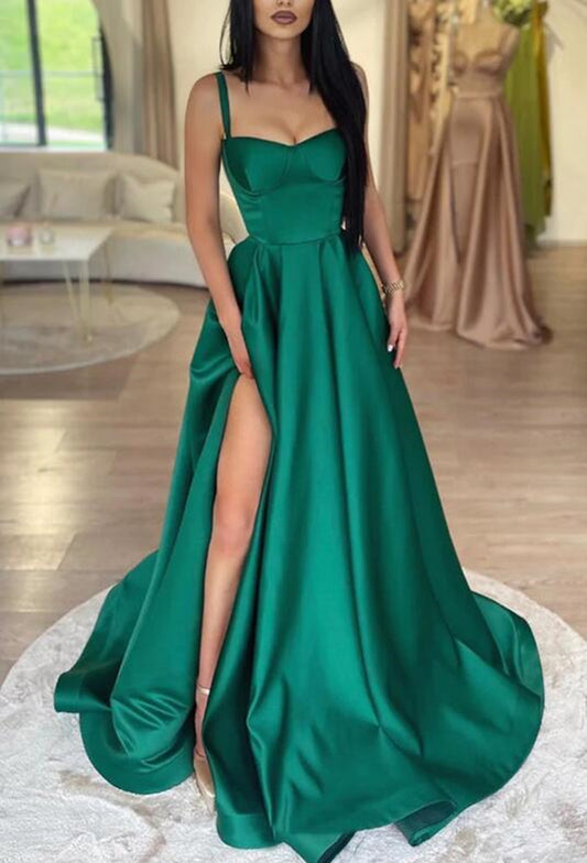 Women Satin Prom Dresses Long Side Slit Evening Gowns Formal Party Dress YPD303