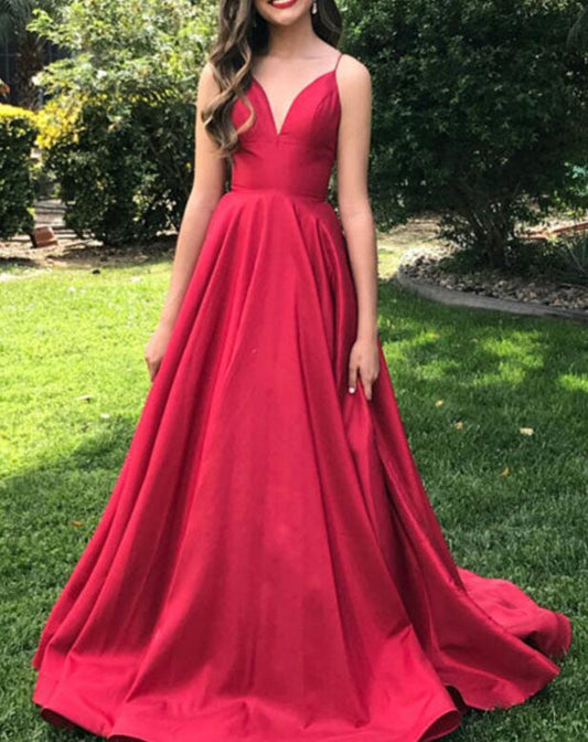 Women Satin Prom Dresses Long V-Neck Evening Gowns Formal Party Dress YPD326