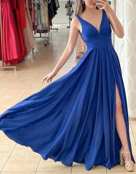 Women Simple Royal Blue Prom Dresses Long Side Slit Evening Gowns Formal Party Dress YPD411
